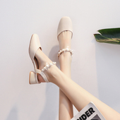 女2025年夏季 一字式 新款 真皮包头凉鞋 法式 粗跟女鞋 扣带仙女风凉鞋