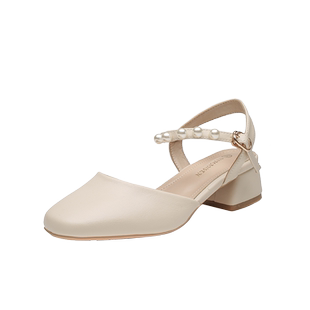 真皮包头凉鞋女2025年夏季新款法式粗跟女鞋一字式扣带仙女风凉鞋