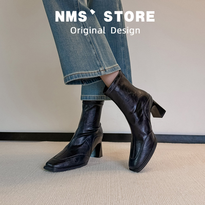 法式方头粗跟加绒显瘦短靴女