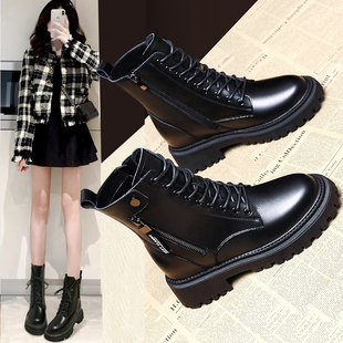 真皮马丁靴女靴子2025新款秋冬加绒爆款厚底今年流行的黑粗跟短靴