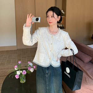 小香风外套2023秋季开衫短款富家千金甜美赫本风蕾丝网纱上衣女装