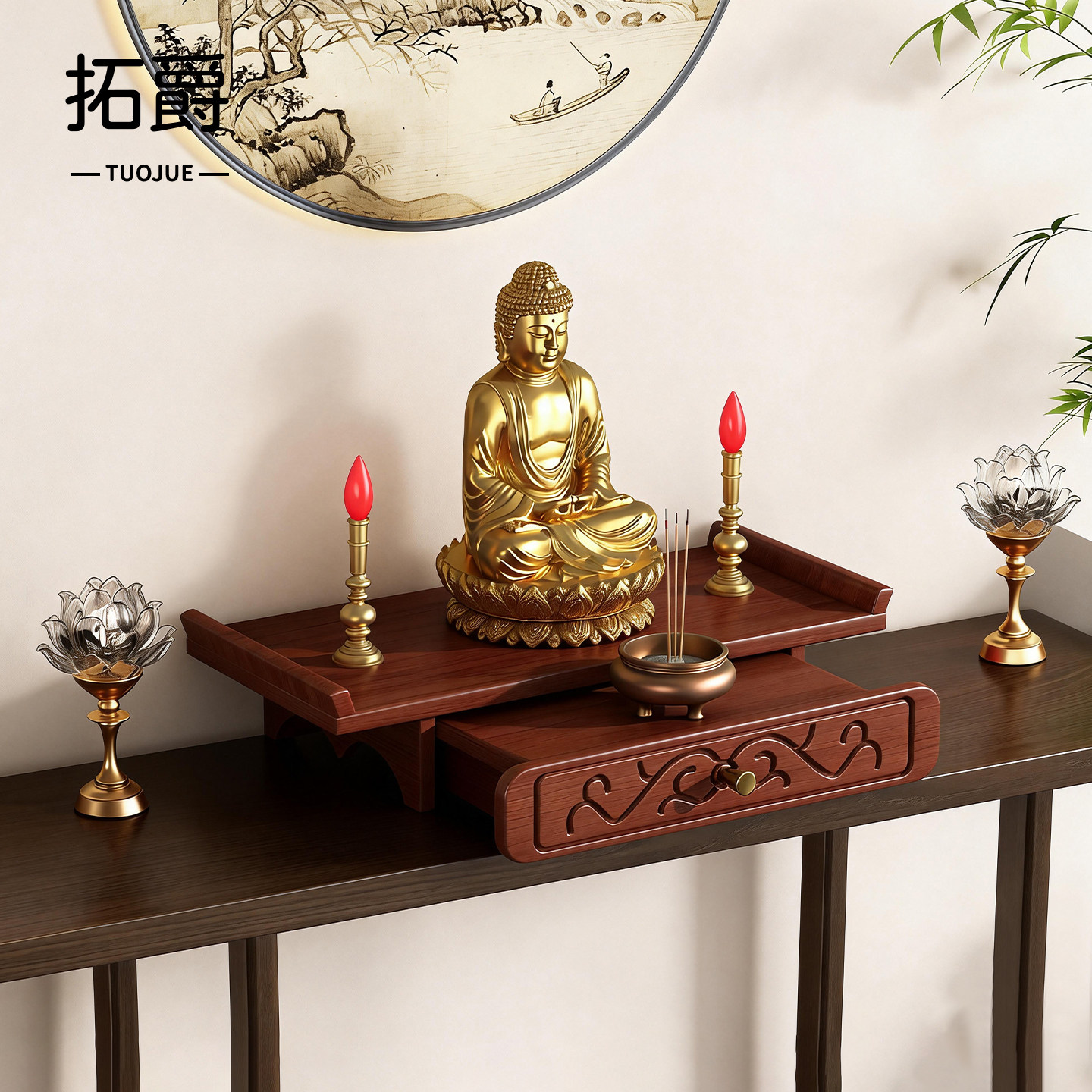 佛龛小型实木神龛供奉台家用台面观音佛像供座台新中式香炉置物架