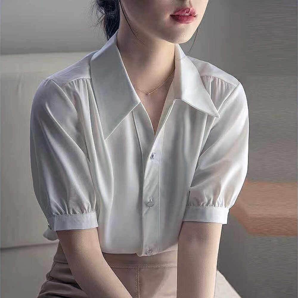 职业装夏季女白色雪纺短袖衬衫气质正装面试v领衬衣泡泡袖上衣薄