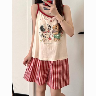 可爱卡通小狗印花吊带睡衣女夏季 新款 甜美外穿格子短裤 家居服套装