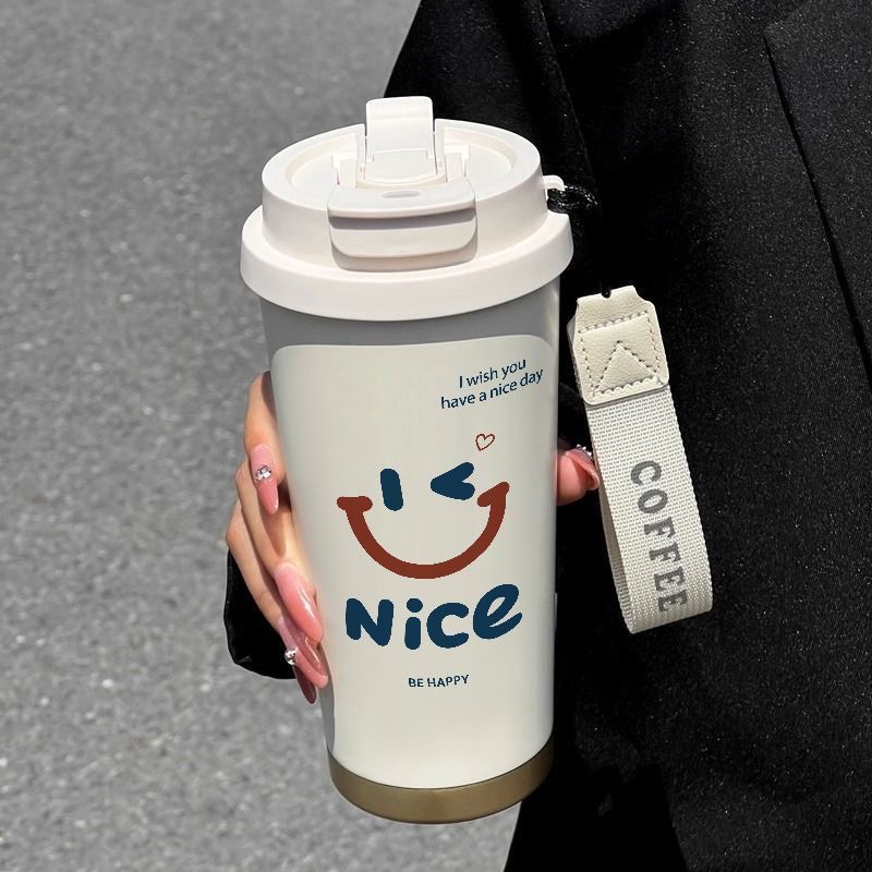 NICE笑脸陶瓷保温杯吸管大容量便携式高颜值外带水杯子双饮咖啡杯