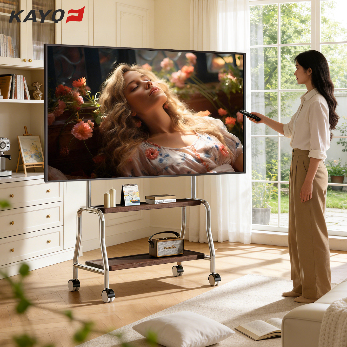 电视机落地支架可移动立式不锈钢带轮艺术推车55/65/75寸通用挂架