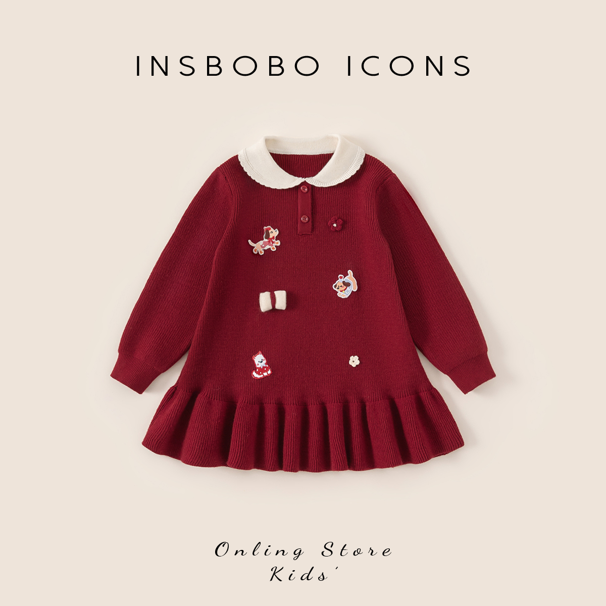 INSbobo儿童可爱绣标毛衣连衣裙