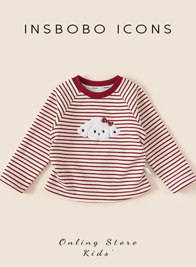 INSbobo儿童打底衫2025冬季新款女童红色T恤加厚女宝宝童装秋冬装