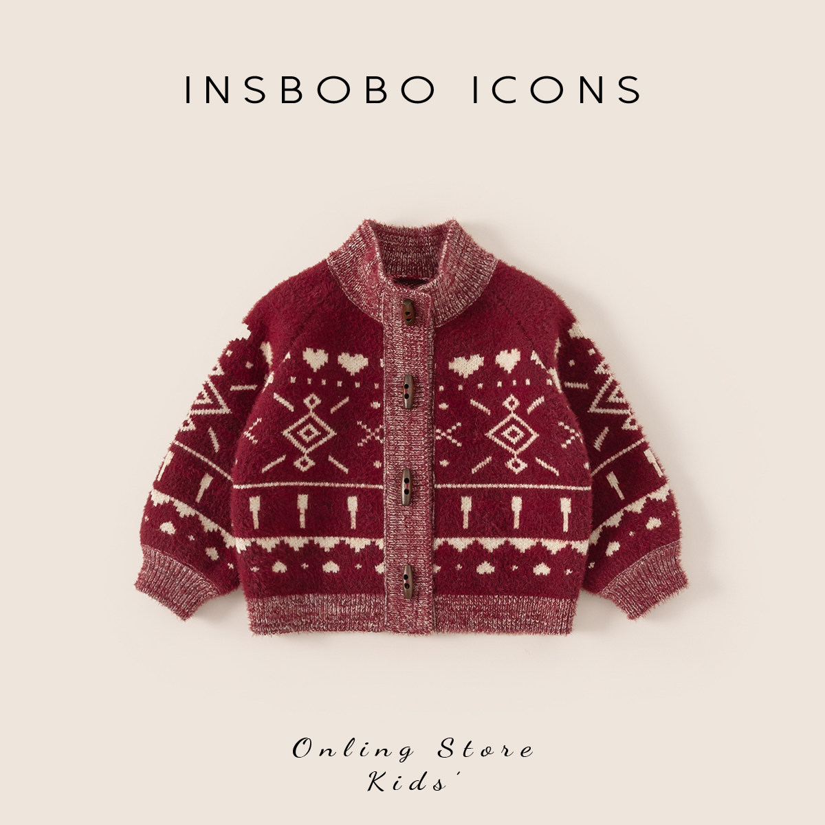 INSbobo女童毛衣2025冬季新款加厚男童红色针织上衣圣诞儿童外套