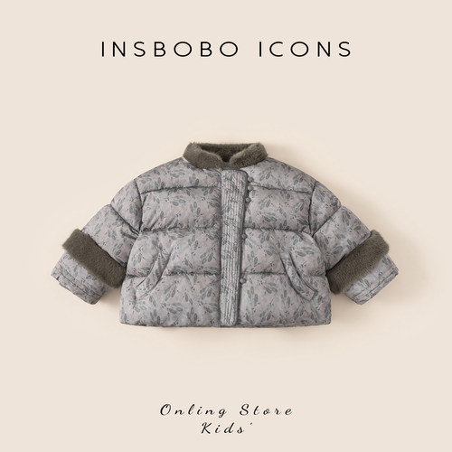 INSbobo儿童毛毛领满印时尚棉服