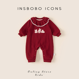 INSbobo婴儿衣服2025冬装新款加绒女宝连体衣女婴周岁礼服红色潮