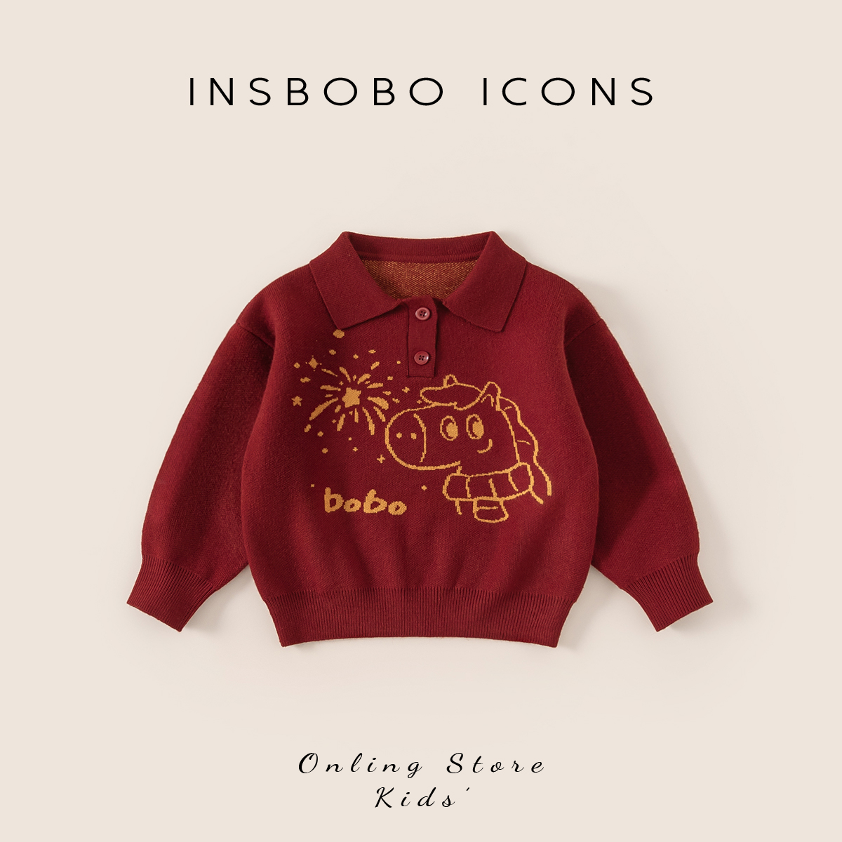 INSbobo儿童翻领两粒扣卡通毛衣