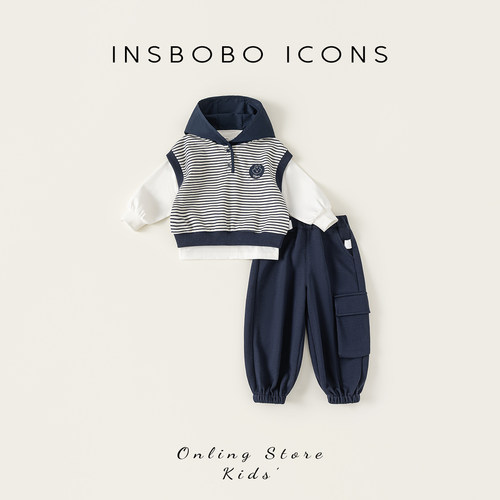 INSbobo儿童条纹连帽束脚三件套