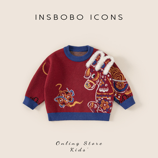 男童毛衣宝宝年服儿童过年红色衣服男孩新年上衣春季新款喜庆童装