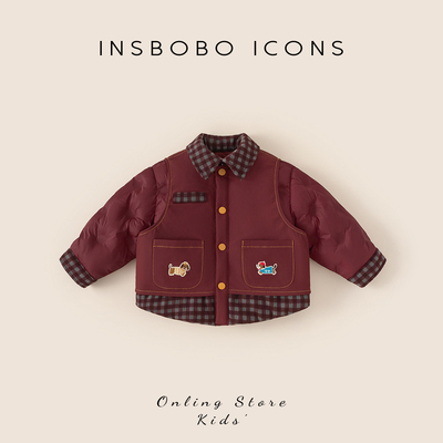 INSbobo儿童假两件格子拼接棉服