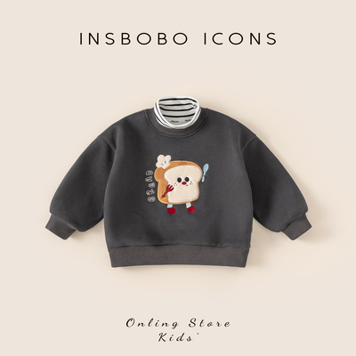 INSbobo儿童条纹领卡通绣花卫衣