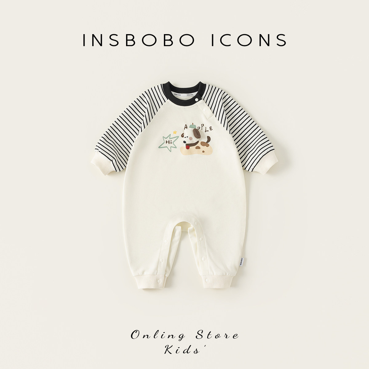 INSbobo儿童条纹袖卡通装饰爬服图片