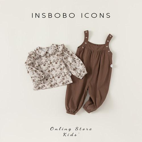 INSbobo花朵衬衫背带裤套装