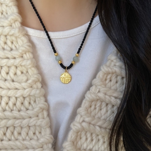 仿金福牌吊坠黄金锁骨套链福字项链情人节礼物