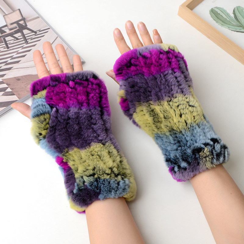 新款男女无指手套半指獭兔毛皮草袖套护臂弹力露手指护腕冬天保暖
