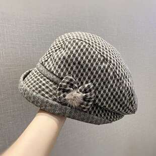 高级感超好看渔夫帽秋冬季女士格纹蝴蝶结渔夫帽中老年妈妈复古百