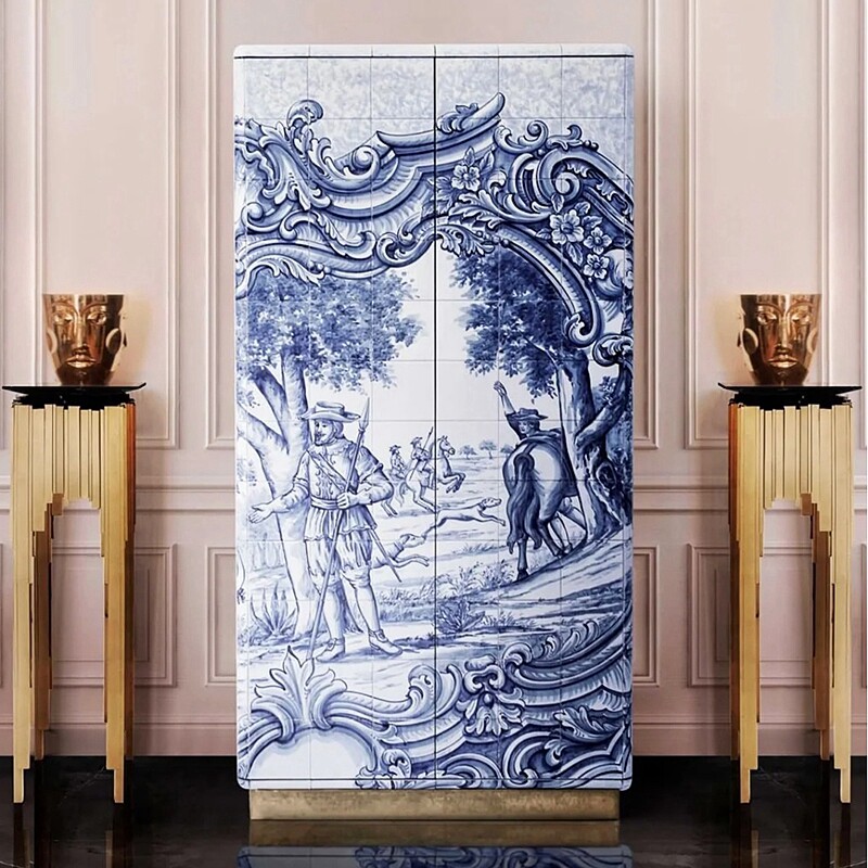 轻奢风彩绘靠墙装饰柜新古典实木奢华别墅储物柜时尚个性高端酒柜