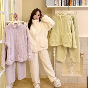 睡衣女秋冬巨厚暖搭子家居服套装睡衣女款加厚冬珊瑚绒睡衣女加厚