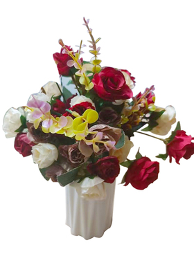 安赛瑞 仿真花装(2束花1瓶) 单束欧式小玫瑰 花瓶10x8.5 9B01619