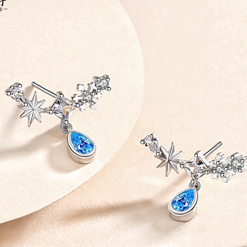 Midsummer night dream Earrings female Sterling Silver French Blue Water Drop Earrings net red ins Snowflake Earrings inlaid with gemstones