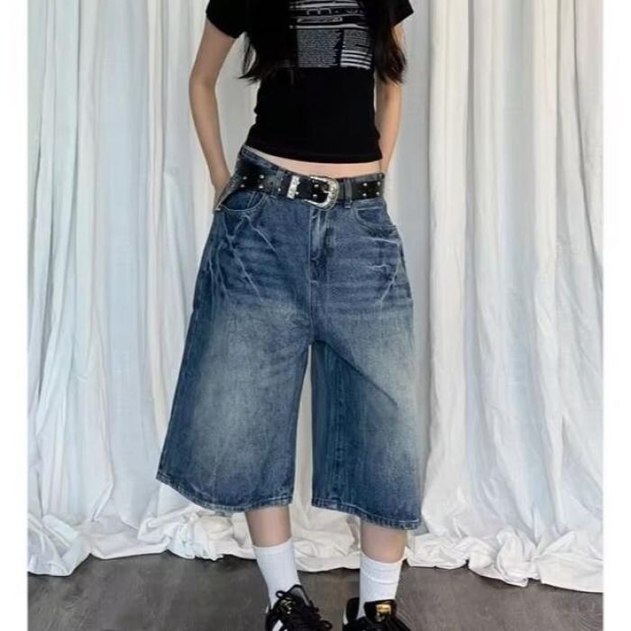 春夏新款闪电纹七分牛仔裤女款宽松直筒潮牌时尚休闲短裤水洗复古