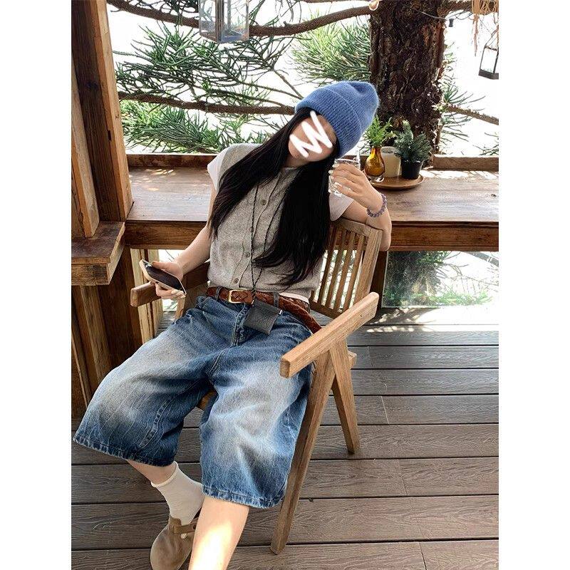 水洗蓝七分牛仔裤男女大码春夏新款美式宽松显瘦中裤百搭牛仔短裤