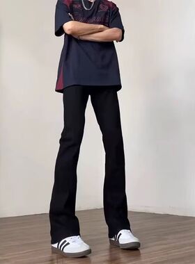 秋冬款加长版加绒牛仔裤男高个子窄版直筒微喇裤子黑色显瘦弯刀裤