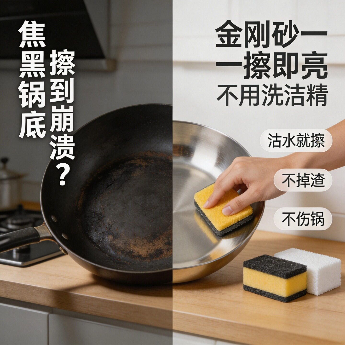 金刚砂海绵擦去焦渍厨房双面纳米白海绵去茶垢水垢不伤锅去污套装
