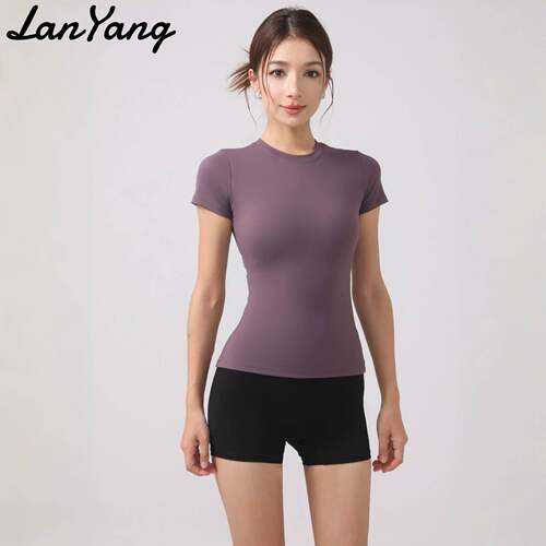 Fitted Crop Women Sleeve Crew Neck Stretch Tee Breathable