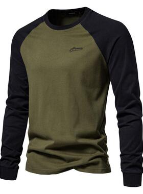 Mens Casual Long Sleeve T Shirt Cotton Color Block Crewneck