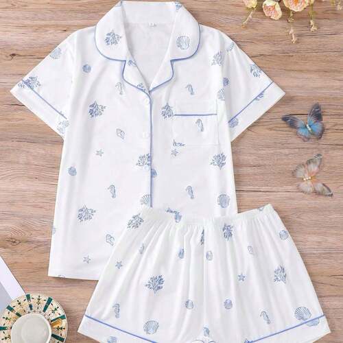 Women Shell Fish Print Sleeve Elastic Waist Shorts Pyjama