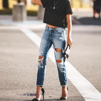 Women Elasticity Ripped Jeans Casual Straight Leg Trouser