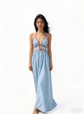 Women's French Vacation Stripe Halter Dress, Deep V Waist