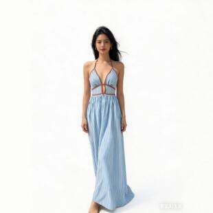 Women's French Vacation Stripe Halter Dress, Deep V Waist