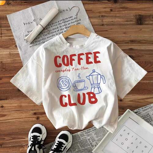 Womens Casual Ladies Coffee & Letter Print Round Neck Tee