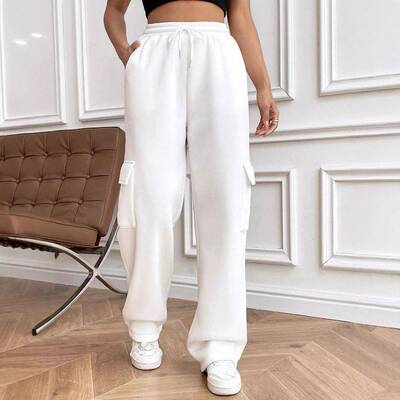 Women Flap Pocket Waist Straight Leg Pants Casual Elastic