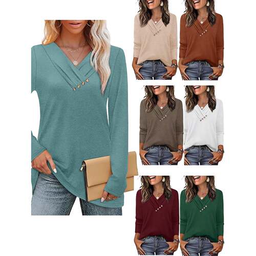 sampeel womens v neck 34 length sleeve button down shirt