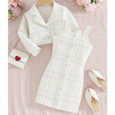 girls spring and autumn 2piece set plaid sleeveless dress