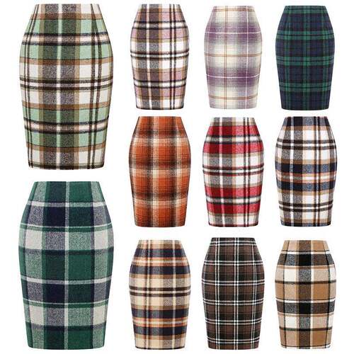 Plaid Pencil Skirts Waisted Knee Women Fall Winter Midi