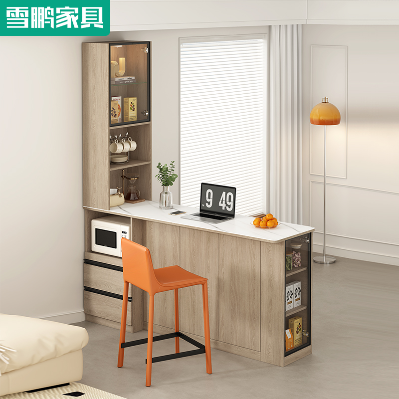 简约吧台餐边柜一体岩板餐桌微波炉收纳隔断柜开放式餐岛台6G349