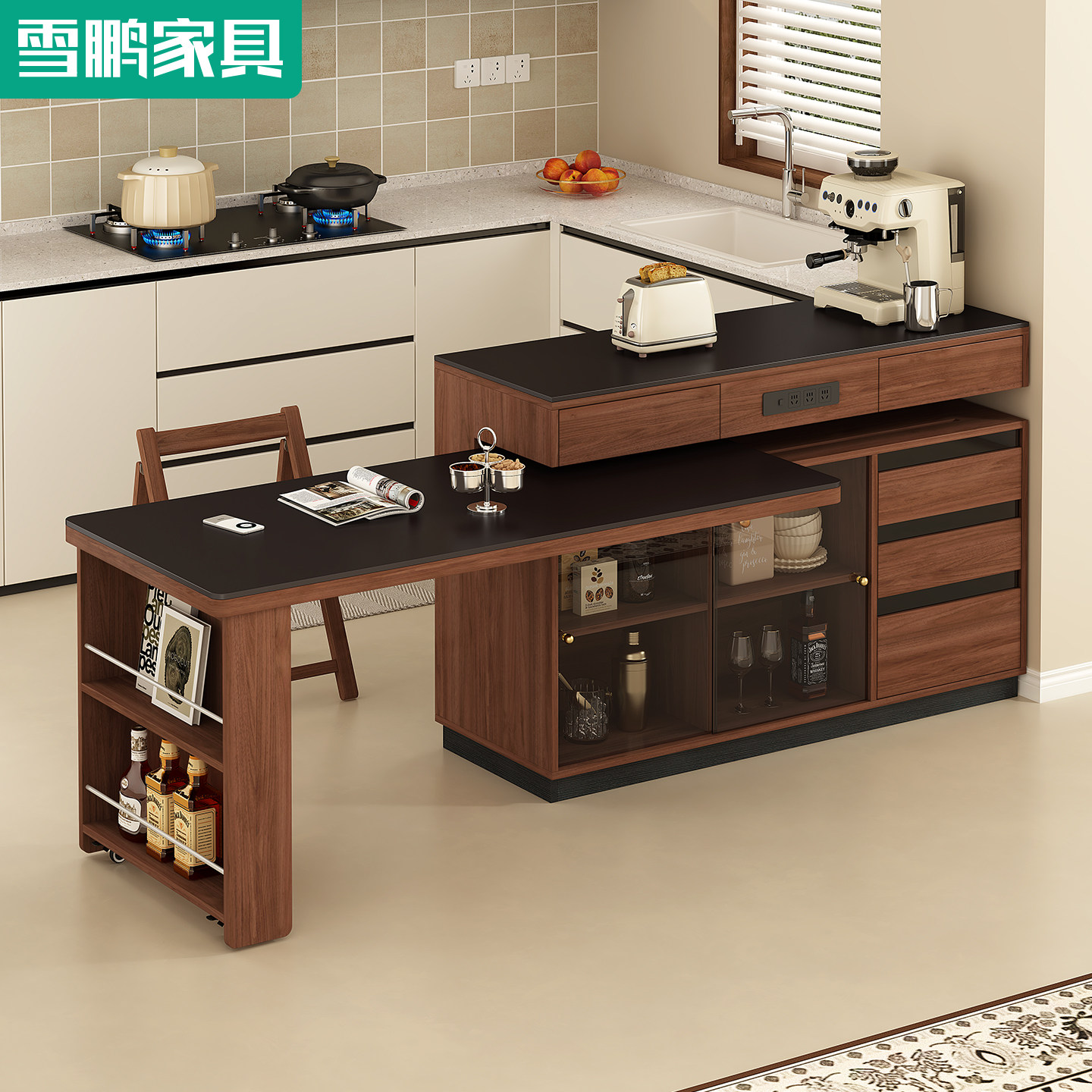 新型实木岛台柜旋转餐桌一体