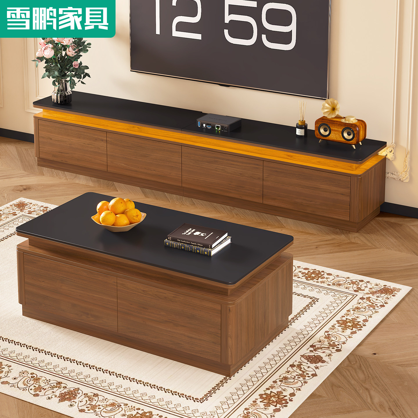 实木中古风电视柜客厅家用2026新款电视机柜落地茶几储物柜5D144