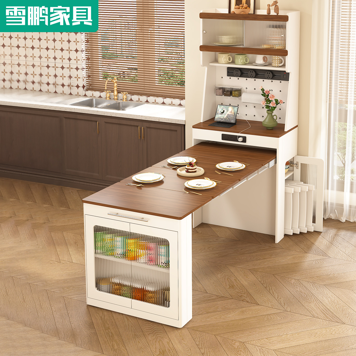 新型实木伸缩折叠餐桌餐边柜
