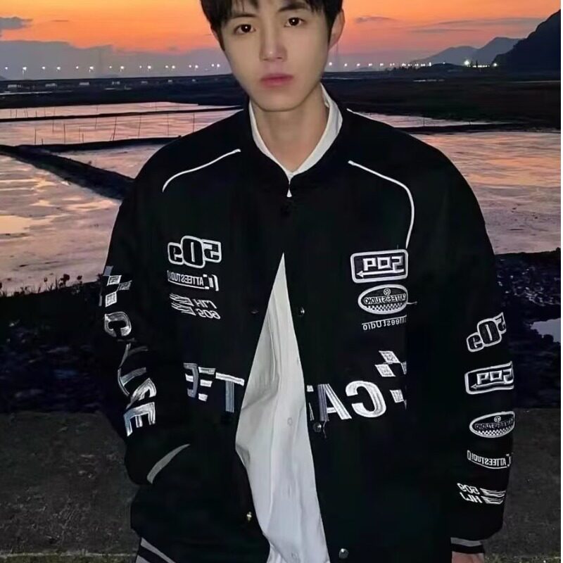 美式高街机车服夹克外套男秋冬新款毛呢刺绣宽松bf情侣装棒球服潮