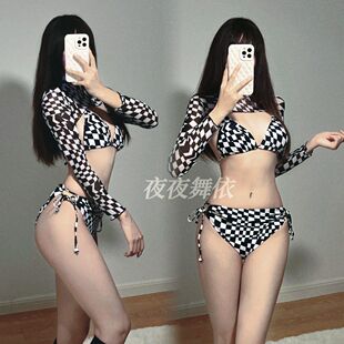 酒吧DS演出服女夜场新款钢管舞性感黑白格比基尼DJ舞队gogo领舞服